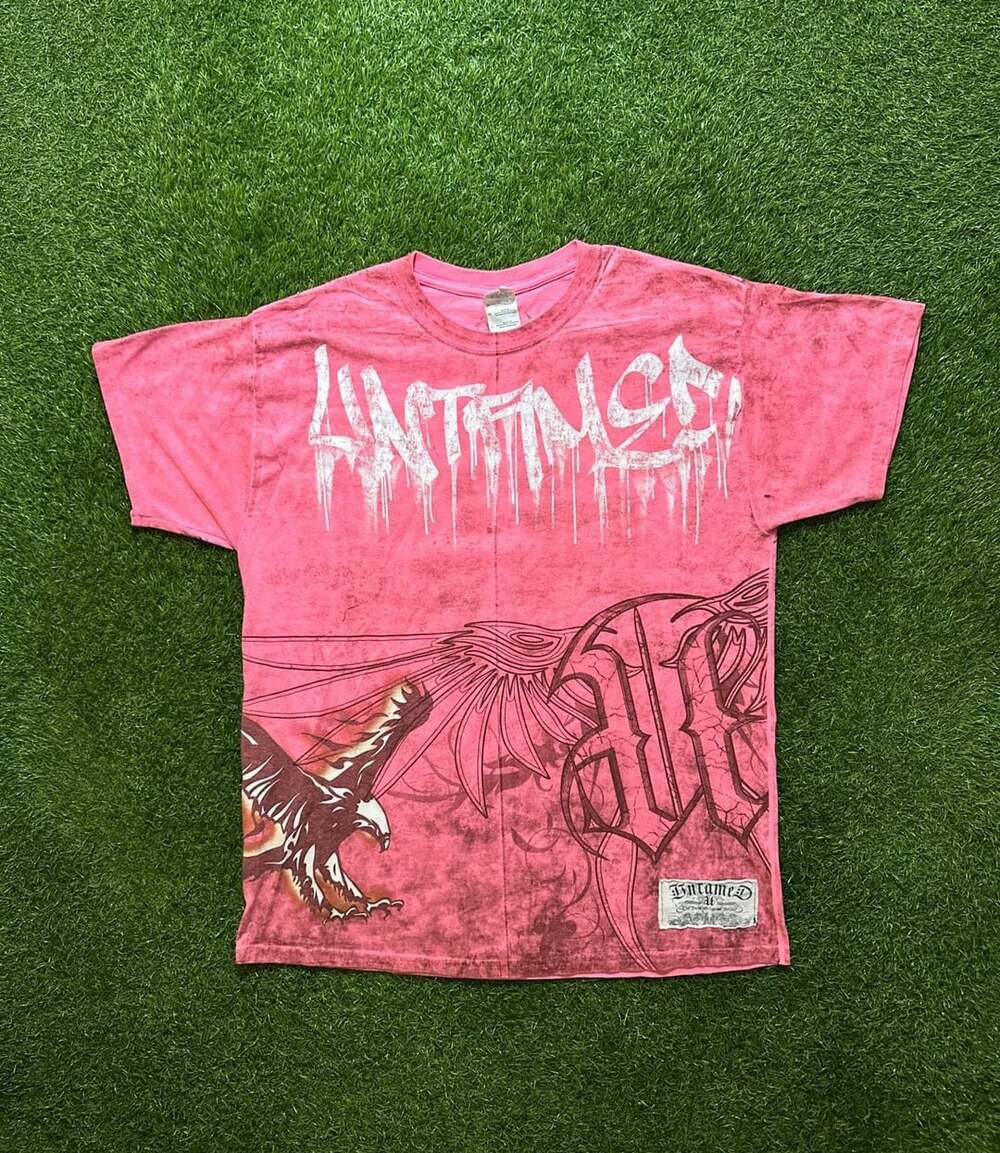 Y2K 2000s Untamed Graphic T-Shirt Size L Pink Acid Wash Eagle All Over Print